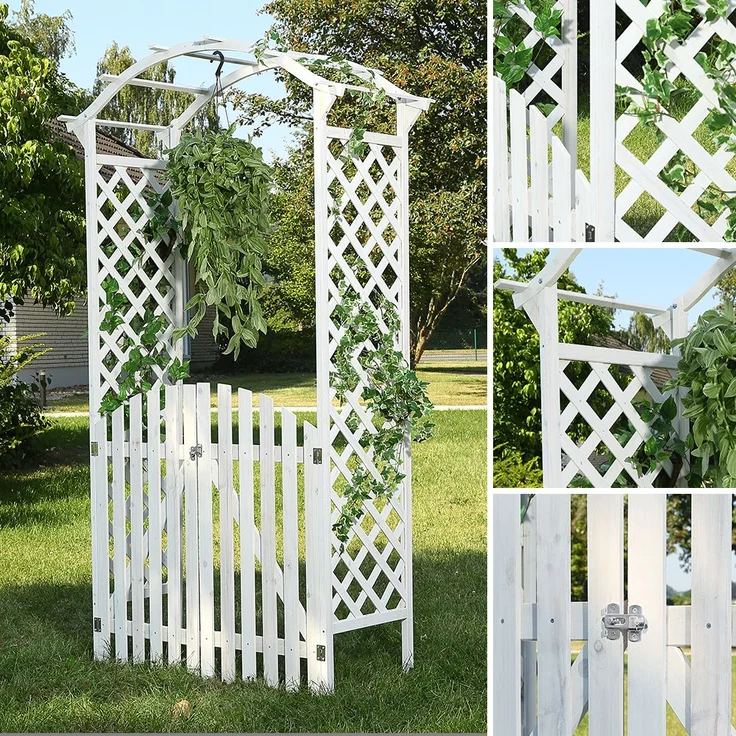 Rosenbogen Weiß mit Türen Spalier Rankhilfegitter Holz Pergola Garten Torbogen – Bild 8