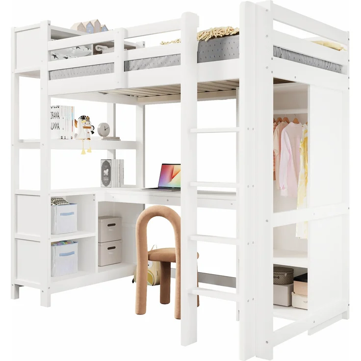 Merax Hochbett, Kinderbett 90x200 cm, mit Regale, mehrere Ablagefächer, Schreibtisch, Kleiderschrank, ohne Matratze, Weiß – Bild 10
