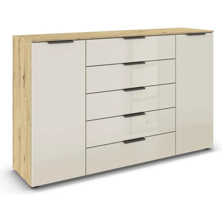 Rauch Möbel Flipp, Kommode für Schlafzimmer, Kinderzimmer, Wohnzimmer, Jugendzimmer, Flur, Garderobe, 2-türig, 5 Schubladen, mit Softclose-Funktion, Farbe Eiche Artisan, Holz/Glas Beige, Breite 160 cm – Bild 1