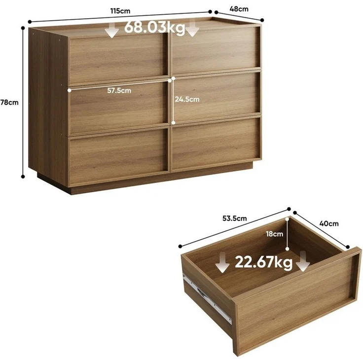 SONNI Schubkastenkommode Kommode mit 6 Schubladen 115x48/80x127cm Eichenfarbe, 6 Schubladen, griffloses Design, Metallschienen – Bild 3