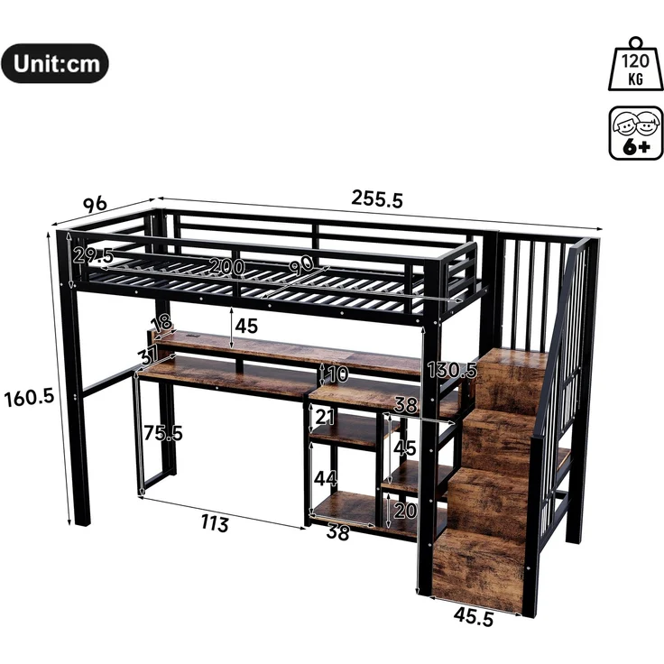 Hochbett, 90 x 200 cm, Metallbettgestell, Leiterschrank, Ablagefach, USB + Typ-C, LED-Lichtleiste, Ohne Matratze, Schwarz – Bild 6
