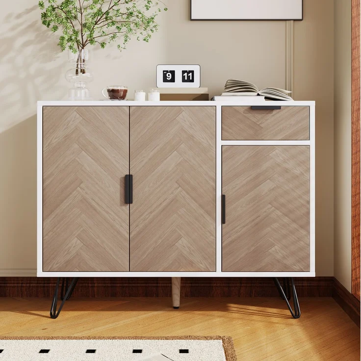 DESVIAE Sideboard Aufbewahrungsschrank mit Schublade, 90x71,5x30 cm, MDF und Spanplatte, Weiß und Holzfarbe – Bild 2
