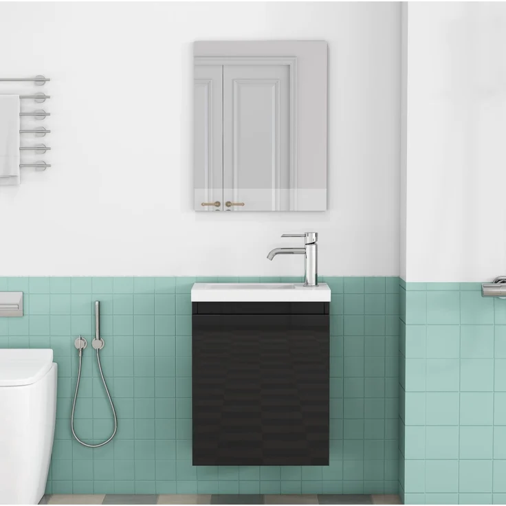 Badezimmerschrank mit Keramikwaschbecken und Spiegel, wandmontiert, 39,8x24,8x48 cm, Schwarz – Bild 4