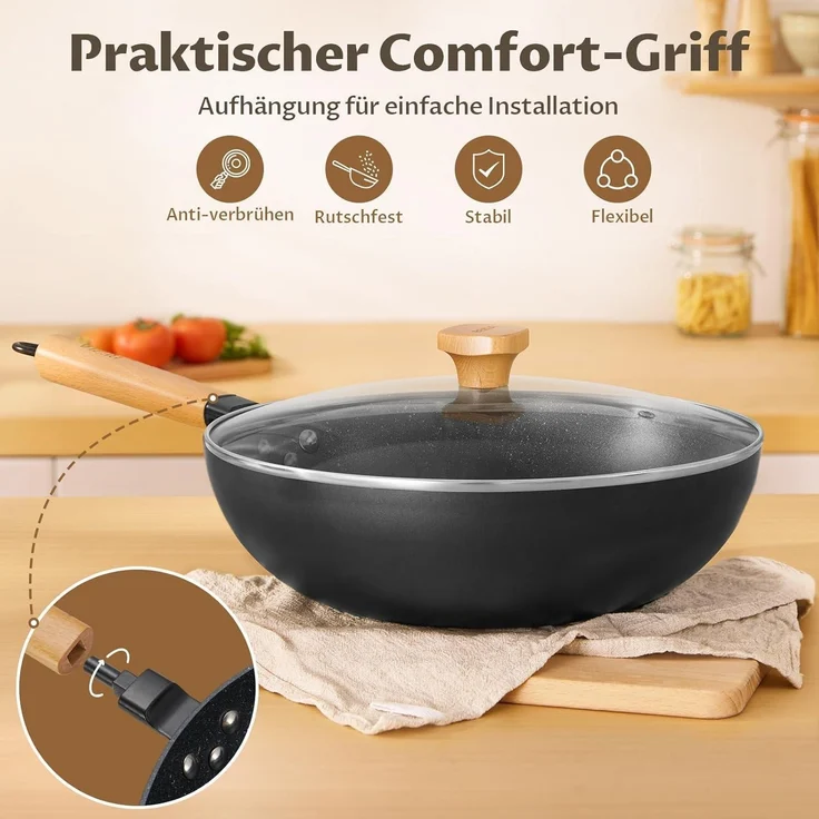 BEZIA 30cm Induktions-Wokpfanne mit Deckel Antihaft-Granit – Bild 6