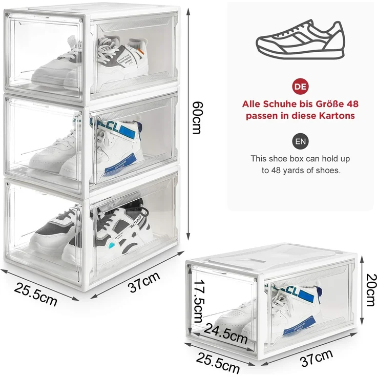 Yorbay Schuhbox 3er Set Schuhbox, stapelbarer Schuhorganizer, Schuhaufbewahrung (Kunststoffbox mit durchsichtiger Tür), Transparent weiß / schwarz, 37 x25,5 x 20 cm, für Schuhe bis Größe 48 – Bild 2