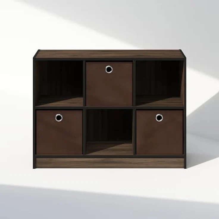 Furinno Cubic Kleiderschrank-Organizer und Aufbewahrung, 6-Fach Würfelregal mit Boxen, Offenes Regal Kleiderschrank-Aufbewahrung, Columbia Walnuss/Dunkelbraun – Bild 6