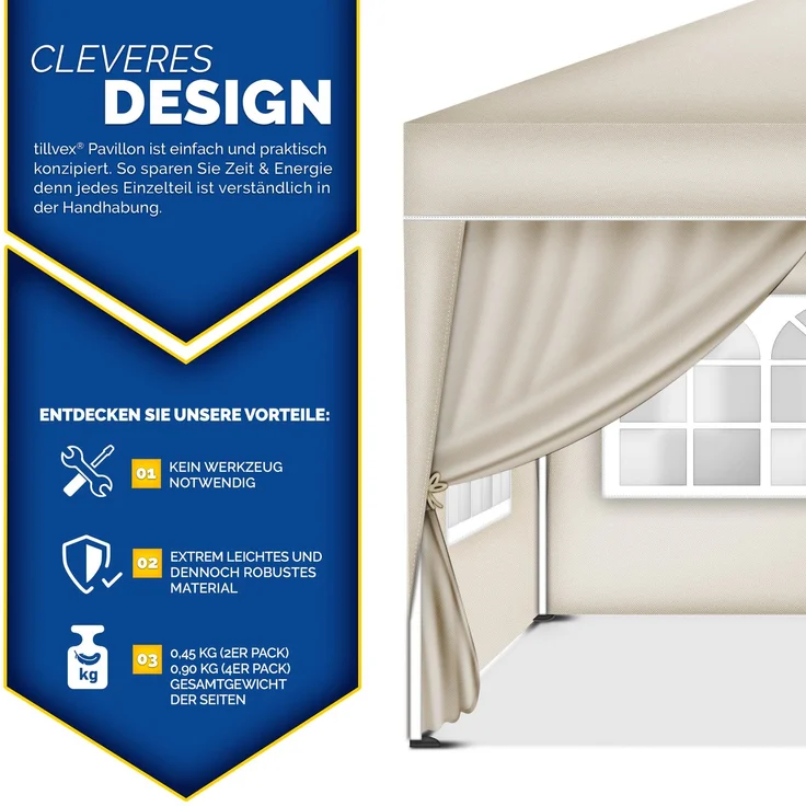 tillvex® 4X Seitenwand beige für Pavillon 3x3m & 3x6m | Faltpavillon Seitenteile wasserabweisend | Seitenfenster & Reißverschluss | Seitenwände für Gartenzelt Partyzelt – Bild 7