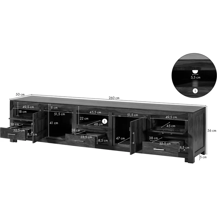TV-Board Sheesham 260x50x56 braun lackiert METRO LIFE #138 – Bild 5
