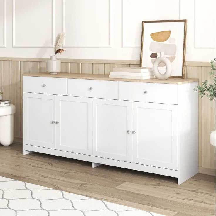 DESVIAE Sideboard mit 3 Schubladen und 4 Türen 160x75x37 cm MDF Weiß/Holzfarbe – Bild 4