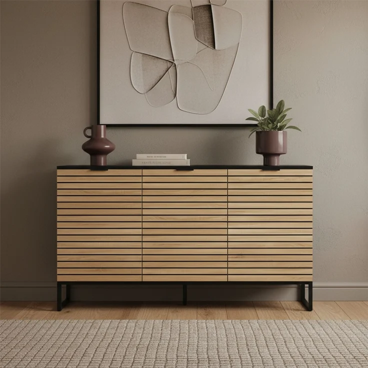 Bellamio 'Luvua' Kommode, schwarz/Eichenoptik, mit Metallfüßen, 80x40x135 cm, Sideboard mit 3 Türen und 6 Fächern – Bild 2