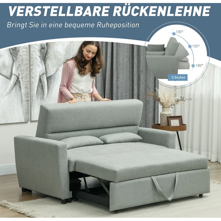 Schlafsofa 2 in 1 Gästebett 155x90 cm Rollen verstellbare Rückenlehne Stoff Sofa Bett Tagesbett Lounge Hellgrau – Bild 6