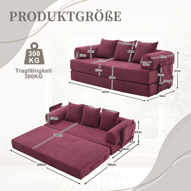 LVHOM Schlafsofa 3 Sitzer, Klappsofa mit Schlaffunktion, Bodensofa, Polstersofa aus CordStoff, Schlafcouch dauerschläfer, frei Kombination, 200x94x67 cm, Weinrot – Bild 6
