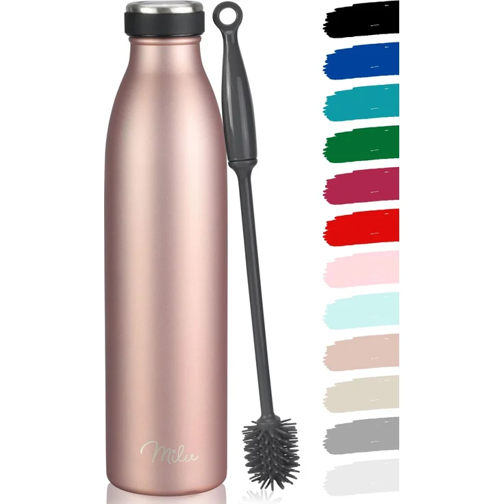 Milu Edelstahl Trinkflasche 350ml, 500ml, 750ml, 1L, 1.5L Thermosflasche, Isolierte Wasserflasche, Auslaufsichere Isolierflasche doppelwandig, Kohlensäure geeignet + Reinigungsbürste (Rosegold, 1.5L)