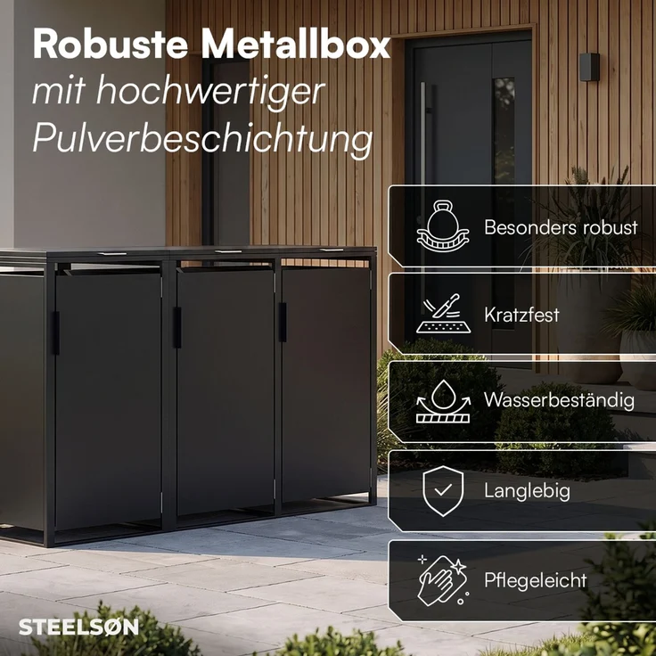 STEELSØN 'Thoria' Mülltonnenbox 3er je 240 Liter, graphitschwarz, Mülltonnenverkleidung aus Stahl, wetterfest, 116x80x203 cm, Müllbox für 3 Tonnen – Bild 4