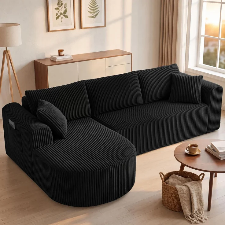 COMHOMA Ecksofa mit Schlaffunktion, 263cm Corduroy Modulares Boneless Couch mit Chaiselongue, L-Form Schlafsofa, Sektionssofas mit Kissen & Seitentaschen,Sofa für Wohnzimmer, Keine Montage, Schwarz – Bild 4