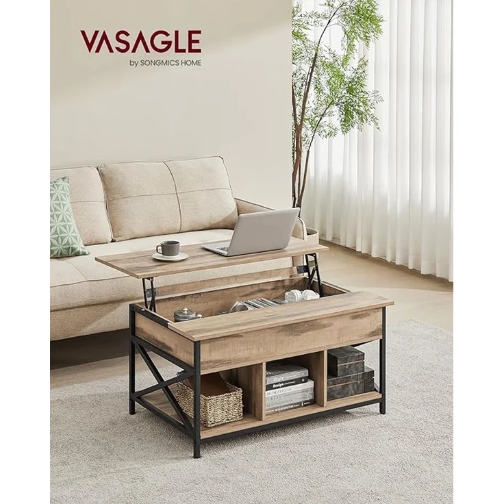 Vasagle höhenverstellbarer Wohnzimmertisch, X-Streben, Spanplatte/Stahl Kamelbraun, 60x100 x (48-62) cm – Bild 2