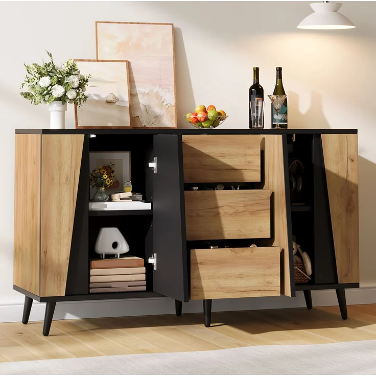 DESVIAE Sideboard Holzfarbe/Schwarz – 120x70x40 cm – 2 Türen, 3 Schubladen, verstellbare Einlegeböden – Bild 2