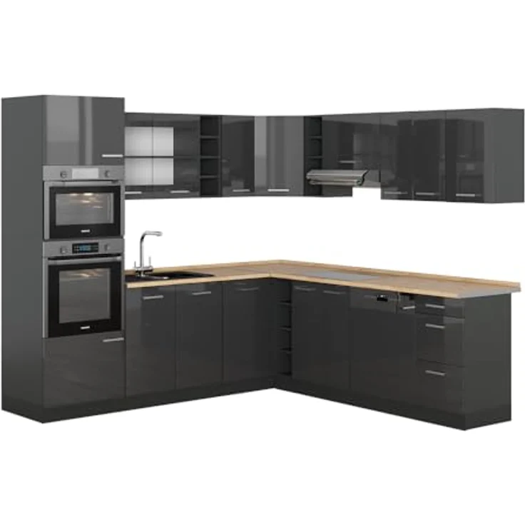 Eckküche R-Line Anthrazit Hochglanz/Anthrazit 247 x 60 cm , AP Eiche Vicco – Bild 1