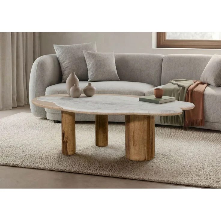 Couchtisch Sheesham 120x70x35 natur sandgestrahlt lackiert / Marmor weiß ORGANIC COLLECTION #30 – Bild 3