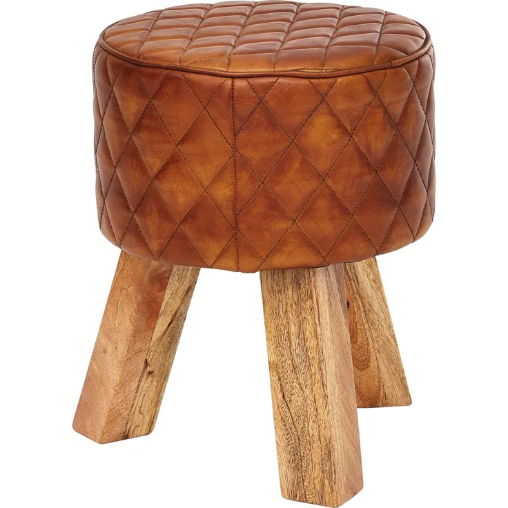 Wohnling Sitzhocker Echtleder / Massivholz 35 x 46 x 35 cm Modern Fußhocker Rund | Turnbock Lederhocker Braun