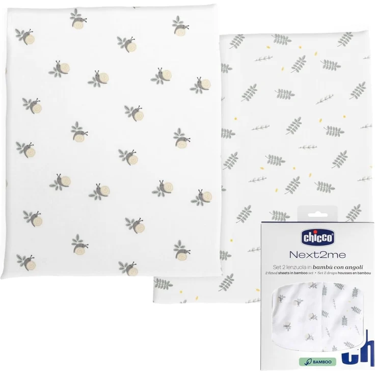 Chicco Bettwäsche-Set aus Bambusfaser, 2 Stück Bettlaken mit Ecken, kompatibel mit Matratzen 50x83 cm, Fantasie mit Blättern und Schnecken, aus Bambusfaser