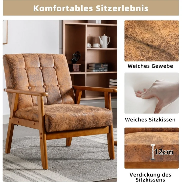 OKWISH Loungesessel Relaxsessel mit Massivholz-Armlehnen und -Füßen (Mid-Century Modern Akzentstuhl), für Wohnzimmer Schlafzimmer Studio-Stuhl – Bild 3