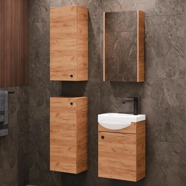 Planetmöbel Badset komplett aus Unterschrank 40cm mit Waschbecken, Spiegelschrank und 2X Midischrank in Gold Eiche, Komplettset für Badezimmer 5-teilig