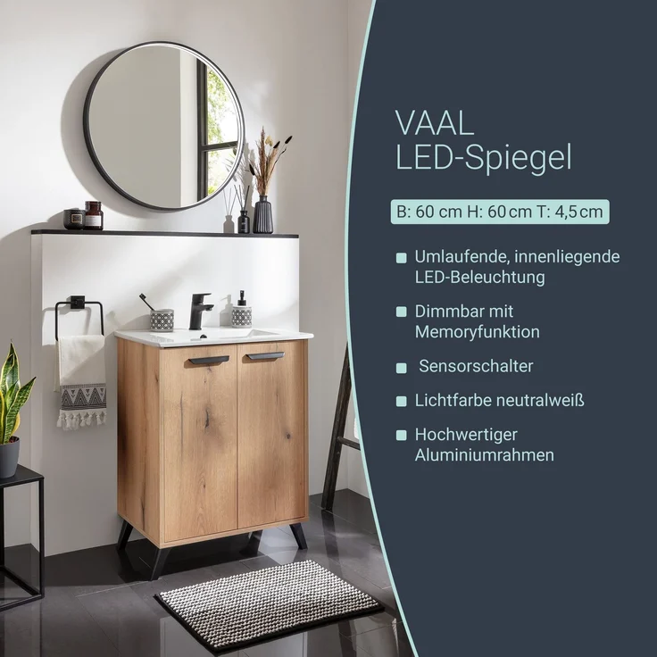 BADEDU VAAL LED Spiegel Ø 60 cm, rund, Schwarz, Sensor – Bild 2