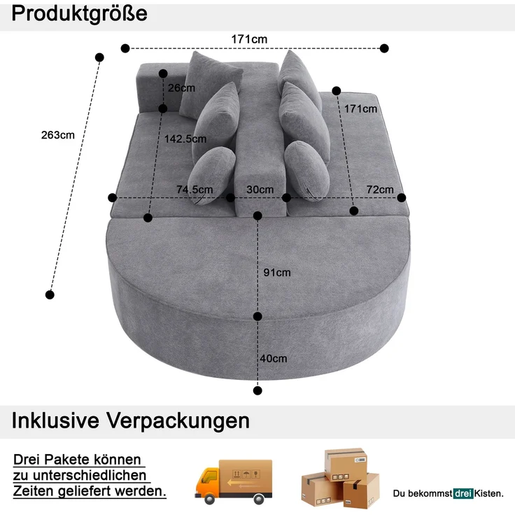 ZUBALIYA Modulares Sofa mit Chenille - Bezug, mit breiten Armlehnen, modular aufgebaut, mit Schaumstoffpolsterung – Bild 3