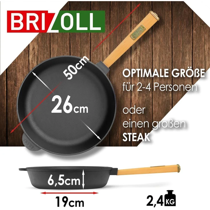 Gusseisenpfanne Set 2x Bratpfanne Gusseisen 24 cm und 26 cm mit Holzgriff Pfanne – Bild 2