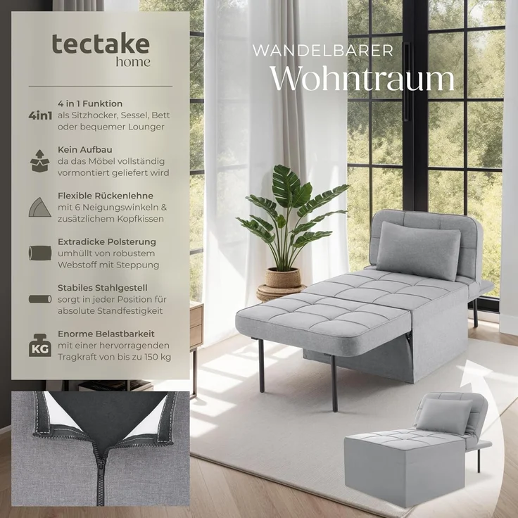 tectake Relaxsessel Schlafhocker, 4 in 1 als Hocker, Sessel, Lounger oder Bett – Bild 4