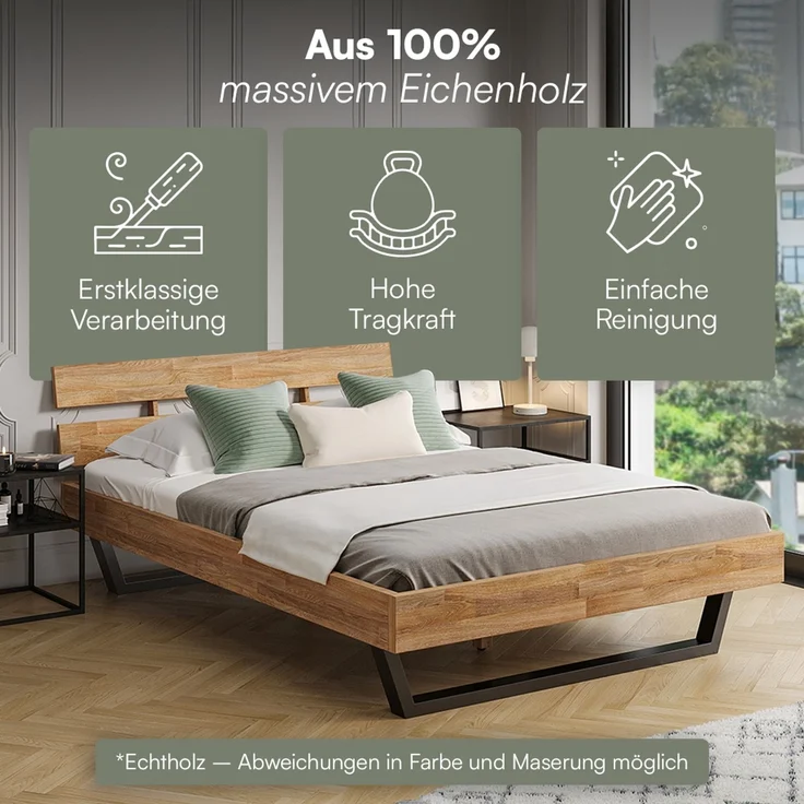 skølm 'Alver' Bett 140x200 cm, Bettgestell, natur geölt, Massivholzbett aus Eiche mit Metallkufen, Doppelbett mit Streben Bettkopf – Bild 3