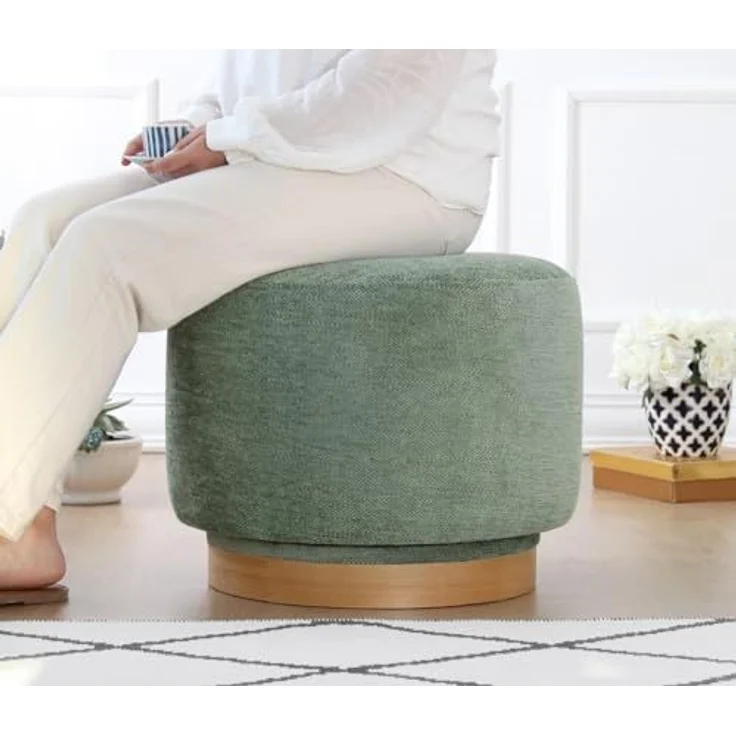 Stylish Green Pouffe, 100% Cotton, 360° Rotatable, Oak Wood Legs, 55 x 43 x 55 cm | Medium Hard Sponge (35 DNS) | Perfect for Modern Living Spaces – Bild 4