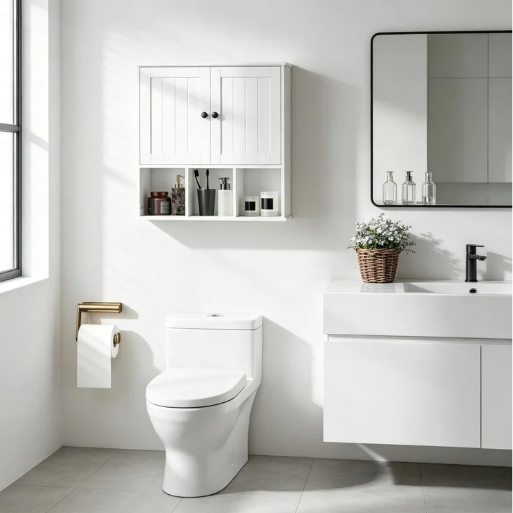 Badezimmer-Wandschrank 60 x 19,5 x 60 cm mit 2 Türen, offenen Fächern und verstellbarem Einlegeboden – Bild 2