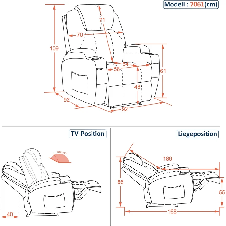 M MCombo Elektrisch Relaxsessel Massagesessel Fernsehsessel Liegefunktion Vibration Heizung 7061 neues Modell (Grau-Chenille) – Bild 3