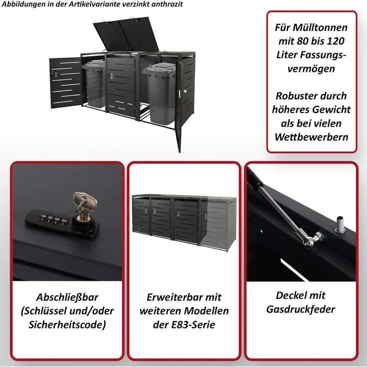 XL 3er-/6er-Mülltonnenverkleidung HWC-E83, Mülltonnenbox, erweiterbar 116x212x98cm ~ anthrazit Stahl, 100kg – Bild 2