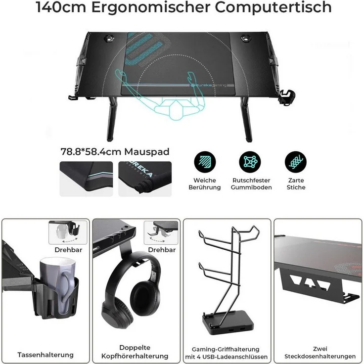 EE EUREKA ERGONOMIC Gamingtisch Computertisch mit LED PC Schreibtisch Ergonomischer Schwarz (1-St, Gaming Tisch mit Kabelmanagement, Getränkehalter und Kopfhörerhalter), Höhenverstellbarer Fuß (10mm) für Home Büro Office Zimmer – Bild 3
