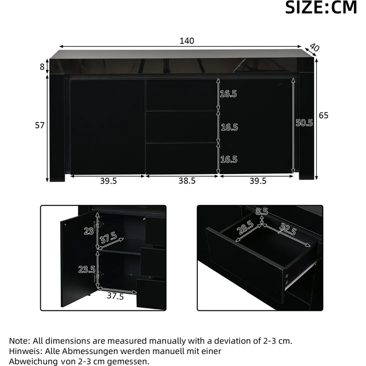 Merax 140*40*65cm Wohnzimmerschrank, Kommode mit 3 Schubladen, 2 Türen, Breite 140 cm, Hochglanz Beistellschrank mit LED-Lichtleiste, Sideboard mit Stauraum, Schwarz – Bild 4