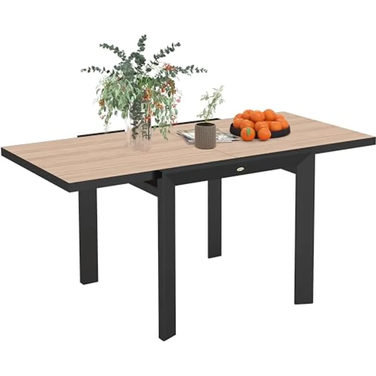 Outsunny Ausziehbarer Gartentisch, wetterfest aus Aluminium, Holzoptik, 80-160 cm, Naturholz+Dunkelgrau, für 4-6 Personen