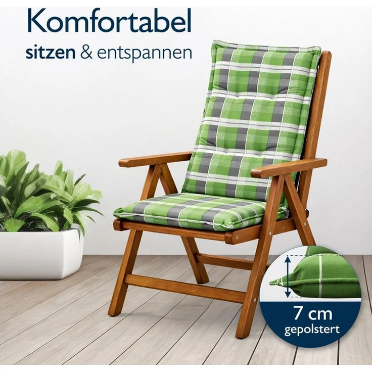BURI 6x Auflagen Set Hochlehner für Gartenstühle 120x48x7cm Sesselauflagen Polster UV Lichtecht - Gartenstuhlauflagen Karo Muster Stuhlkissen mit Dicker Schaumstoff Füllung (Grün/Grau) – Bild 2