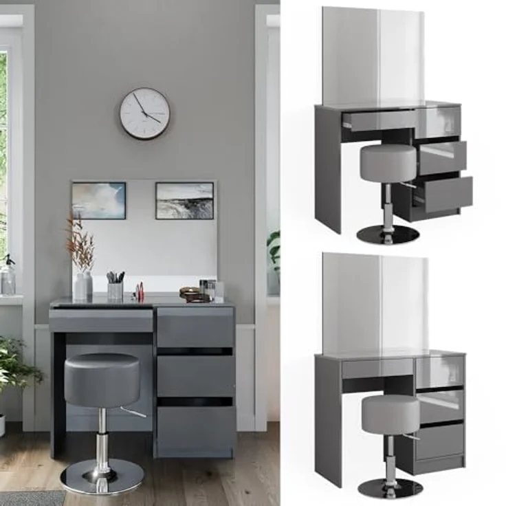 Vicco Schminktisch-Set Sherry, Grau, mit Spiegel und Hocker, 4 Fächer und 4 Schubladen, 90x75x40 cm, Holzwerkstoff – Bild 2