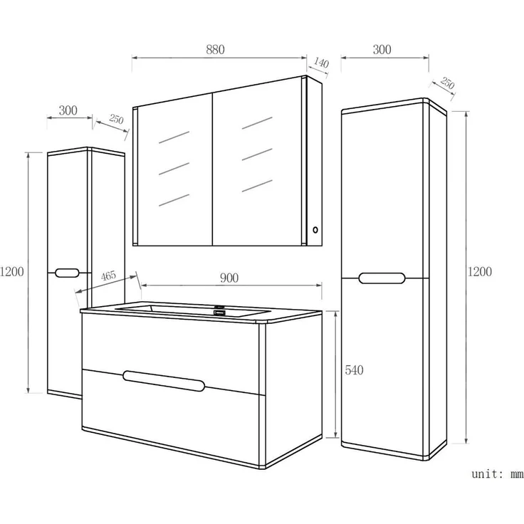 Homeline Badezimmermöbel Set Badmöbel Hochglanz Eiche/Weiß inkl LED Spiegelschrank Waschbecken 90cm (90, 3, Ohne Hochschrank) – Bild 5