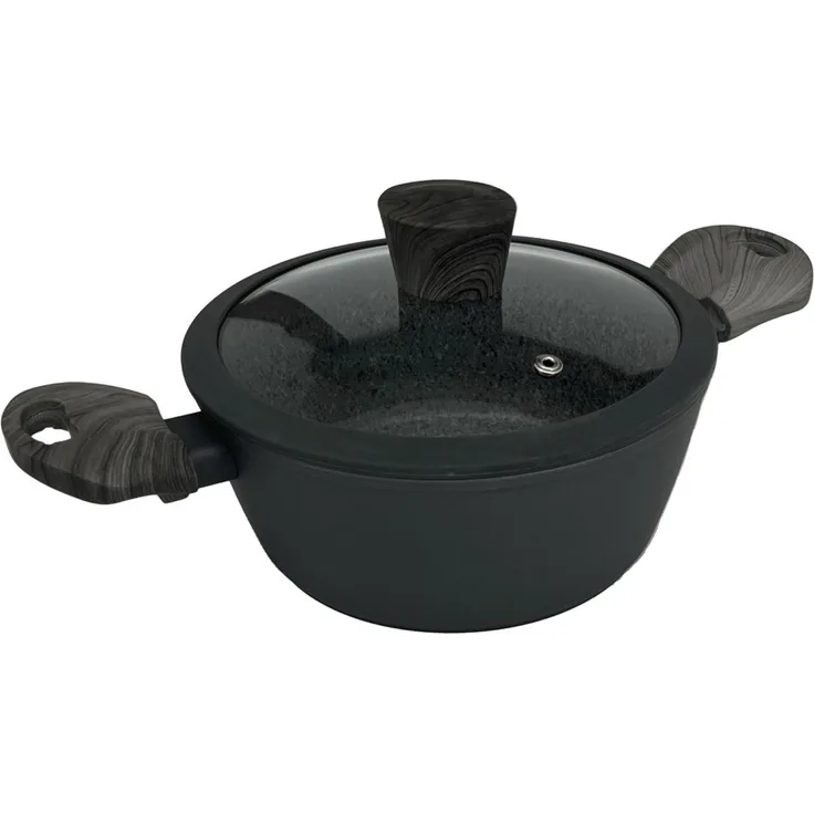 Bratentopf mit ergonomischen Holzgriffen Antihaft mit Glasdeckel in Schwarz ø24 cm