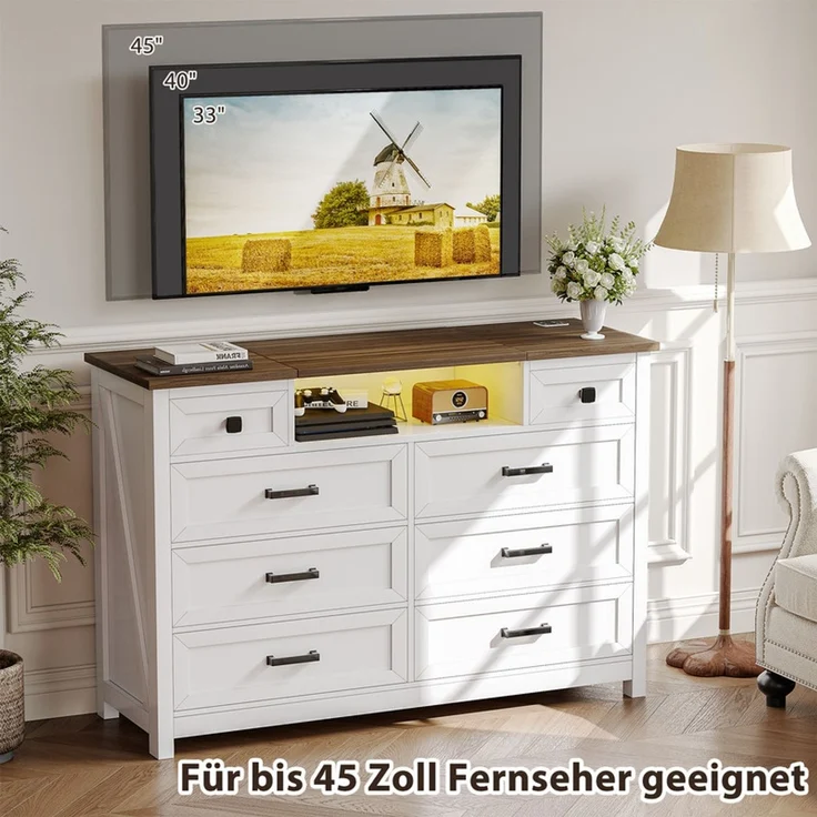 Schubkastenkommode 8 Schubladen mit LED-Spiegel, Ladestation und umkehrbarem Spiegel, Weiß & Braun – Bild 3