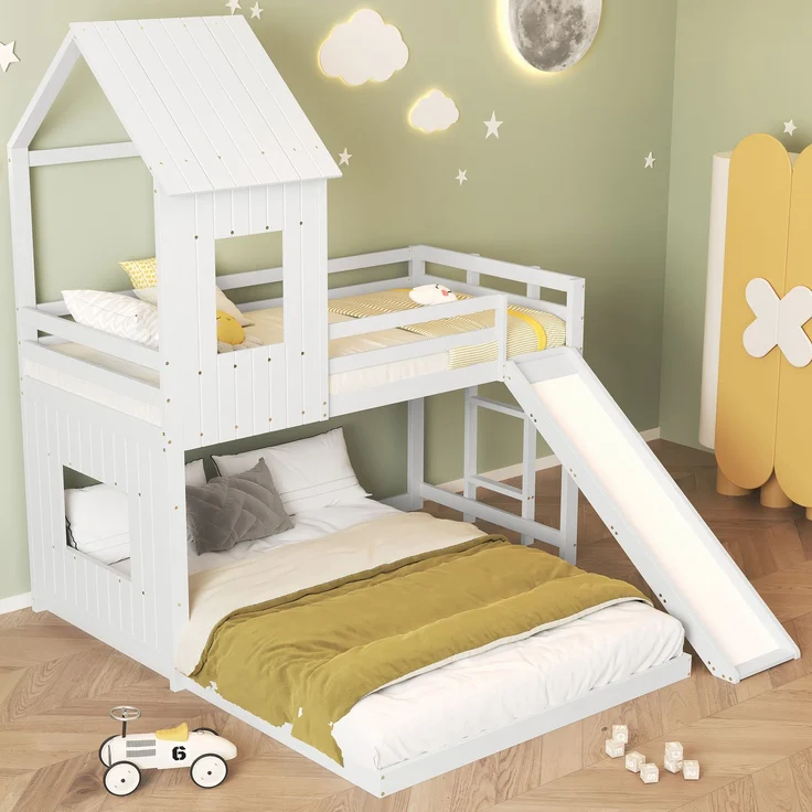 Etagenbett Kinderbett Hausbett mit Rutsche 90×200 & 140×200 cm weißes Kiefer-MDF Hochbett mit Leiter und Spielbereich – Bild 2