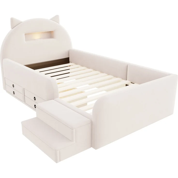 LVHOM Kinderbett 90x200cm mit Rausfallschutz, Polsterbett mit Nachtlicht, USB, Schubladen und Stufenbank, Samt, Beige – Bild 3
