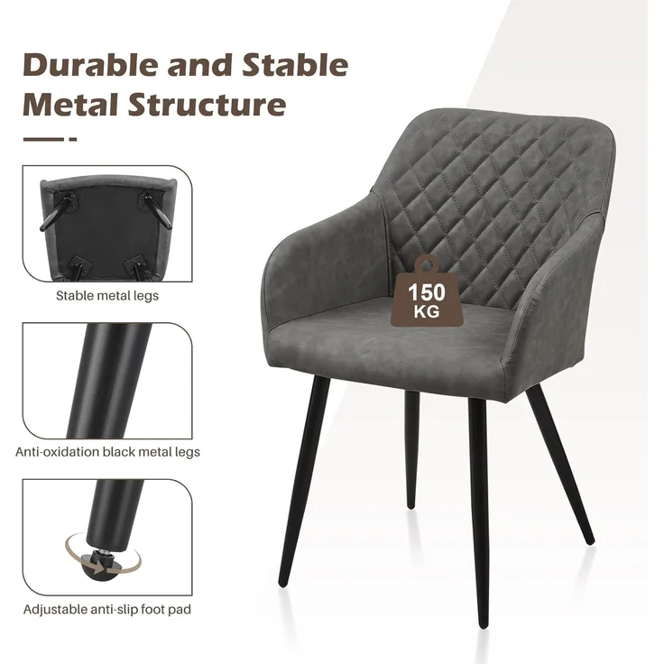 TUKAILAI Esszimmerstühle 2er Set aus Kunstleder, Modern Küchenstuhl Polsterstuhl Wohnzimmerstuhl Sessel mit Armlehnen Rückenlehne Metallbeinen, für Küche Esszimmer Wohnzimmer Lounge,Hellgrau – Bild 8