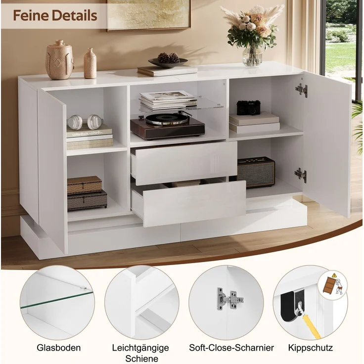 DESVIAE Sideboard Weiß aus Spanplatte – 140x80x40 cm – 2 Schubladen, LED-Beleuchtung – Bild 5