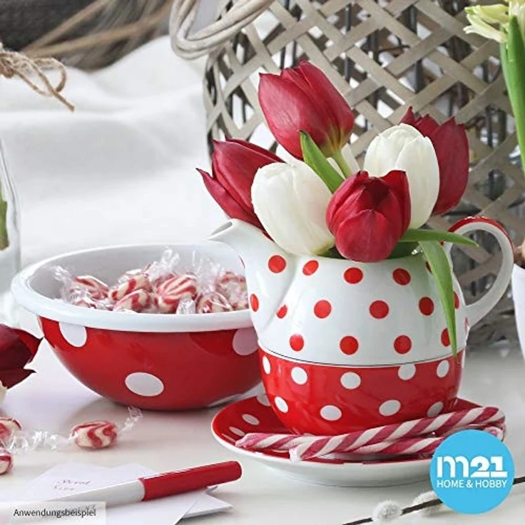 matches21 HOME & HOBBY Teekanne Süße Teekanne Teetasse mit Untertasse Set rot gepunktet, 0.4 l, (1-St), Tee Kaffee-Becher, klassisch, Geschenk-Set, 600ml – Bild 3