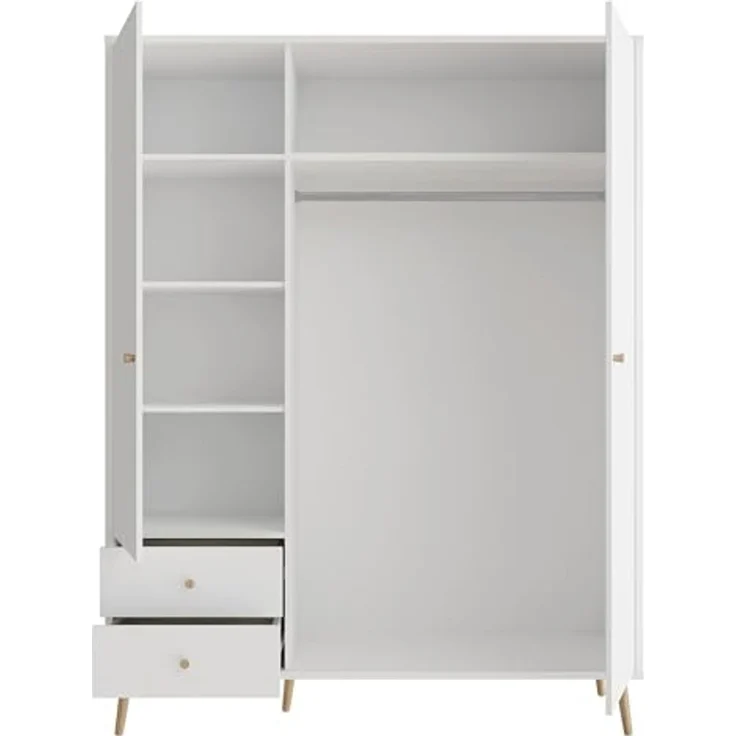 Forte HARLLSON Kleiderschrank 150 160, Mid-Century-Modern Stil, leichte Montage Dank EasyKlix by Forte, 3-türig, 2 Schubladen, Holzwerkstoff, Weiß, 154,2 cm breit x 201,7 cm hoch x 52,2 cm tief – Bild 5